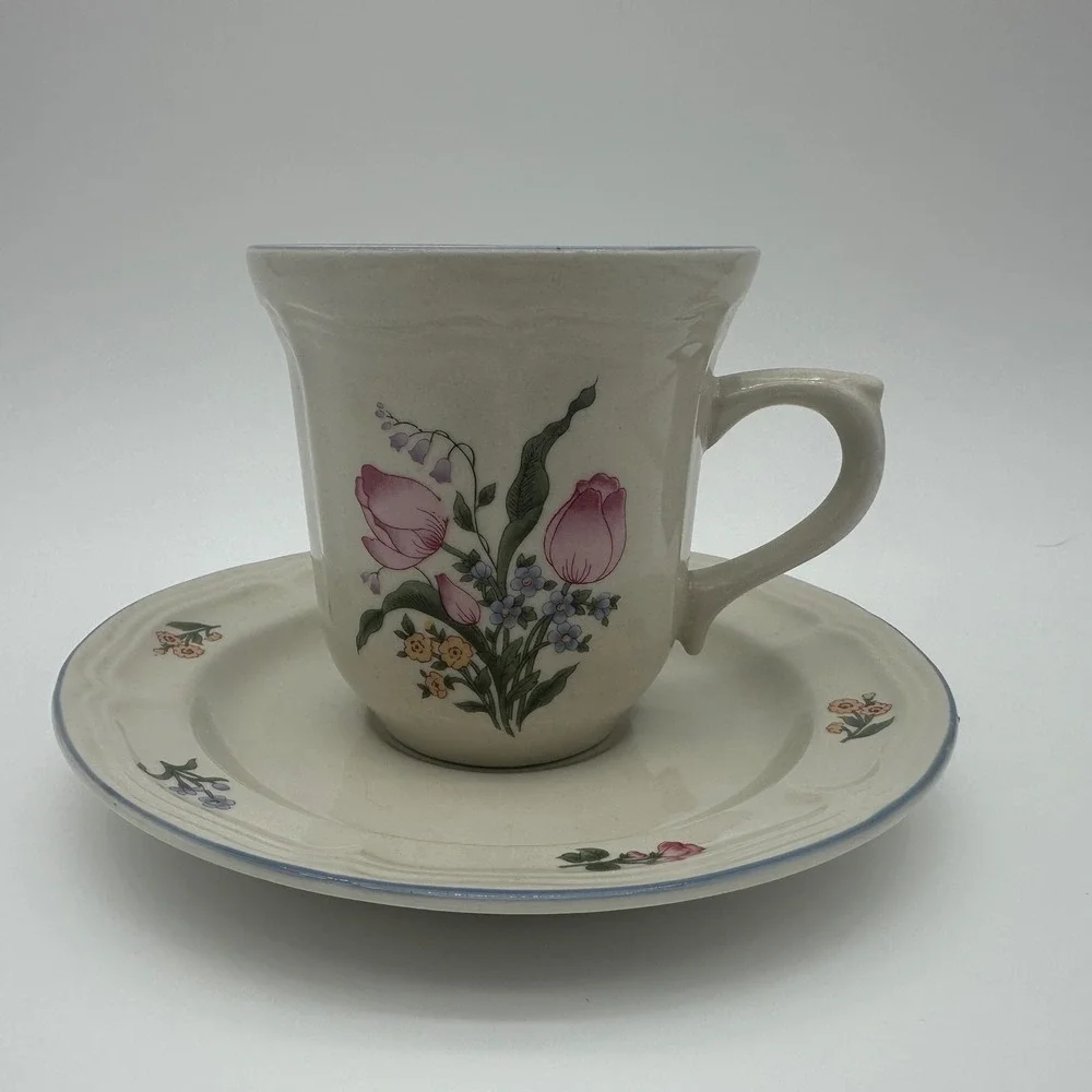 Gibson Tivoli Lafayette Cup and Saucer Set Floral Stoneware Pink Tulip 8pc